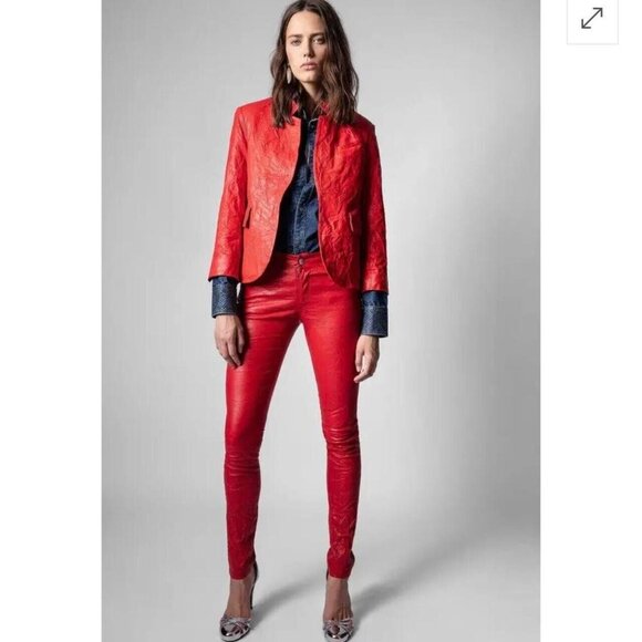 Zadig and Voltaire Womens 36 Small Phlame Pants Crinkled Lamb Leather in Red - Picture 3 of 14